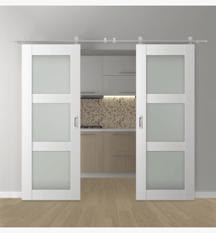 DOUBLE BARN DOOR PALLADIO 3 LITE VETRO BIANCO NOBLE 36" X 80" X 1 9/16" TEMPERED FROSTED GLASS STAINLESS STEEL HARDWARE