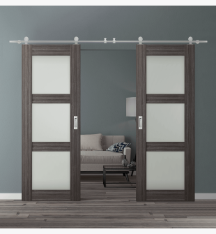 DOUBLE BARN DOOR PALLADIO 3 LITE VETRO GRAY OAK 60" X 80" X 1 9/16" TEMPERED FROSTED GLASS STAINLESS STEEL HARDWARE
