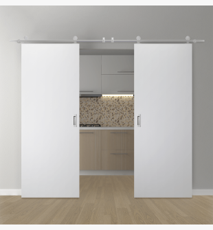 DOUBLE BARN DOOR PALLADIO BIANCO NOBLE 48" X 80" X 1 9/16" SOLID CORE STAINLESS STEEL HARDWARE