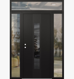 DIAMOND A1 64" X 96" BLACK/BLACK MIRRORED GLASS PANEL BLACK RHI WITH 2 SIDELITES AND TRANSOM CLEAR GLASS
