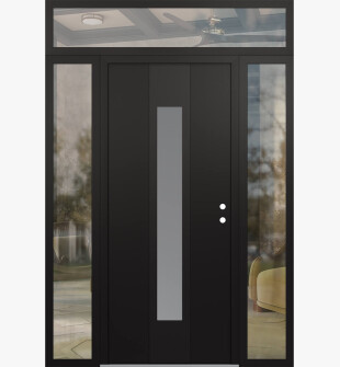 DIAMOND A1 68" X 96" BLACK/WHITE FROSTED GLASS PANEL BLACK LHI WITH 2 SIDELITES AND TRANSOM CLEAR GLASS