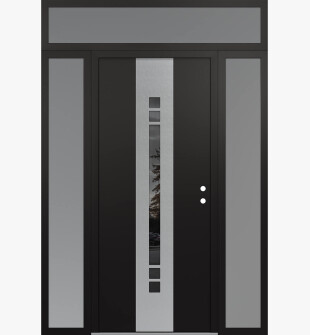 DIAMOND A4 64" X 96" BLACK/BLACK MIRRORED GLASS PANEL STAINLESS STEEL LHI WITH 2 SIDELITES AND TRANSOM FROSTED GLASS