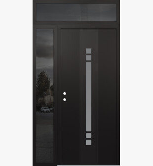 DIAMOND A4 50" X 96" BLACK/WHITE FROSTED GLASS PANEL BLACK RHI WITH SIDELITE AND TRANSOM MIRRORED GLASS