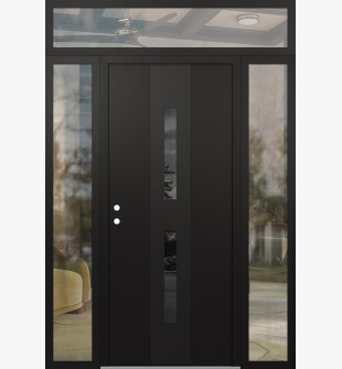 DIAMOND A6 64" X 96" BLACK/BLACK MIRRORED GLASS PANEL BLACK RHI WITH 2 SIDELITES AND TRANSOM CLEAR GLASS