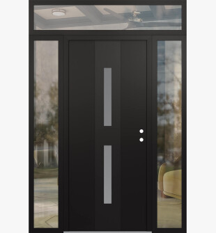 DIAMOND A6 64" X 96" BLACK/WHITE FROSTED GLASS PANEL BLACK LHI WITH 2 SIDELITES AND TRANSOM CLEAR GLASS