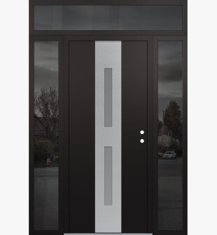 DIAMOND A6 68" X 96" BLACK/WHITE FROSTED GLASS PANEL STAINLESS STEEL LHI WITH 2 SIDELITES AND TRANSOM MIRRORED GLASS