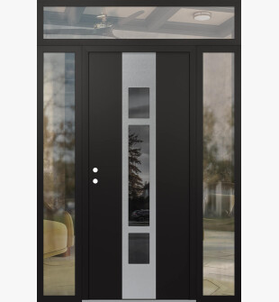 DIAMOND A9 68" X 96" BLACK/BLACK MIRRORED GLASS PANEL STAINLESS STEEL RHI WITH 2 SIDELITES AND TRANSOM CLEAR GLASS