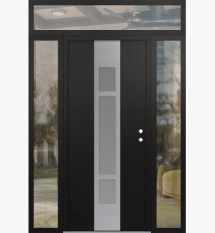 DIAMOND A9 60" X 96" BLACK/WHITE FROSTED GLASS PANEL STAINLESS STEEL LHI WITH 2 SIDELITES AND TRANSOM CLEAR GLASS