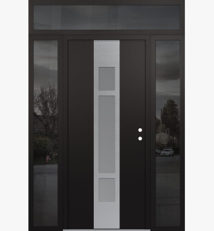 DIAMOND A9 68" X 96" BLACK/WHITE FROSTED GLASS PANEL STAINLESS STEEL LHI WITH 2 SIDELITES AND TRANSOM MIRRORED GLASS