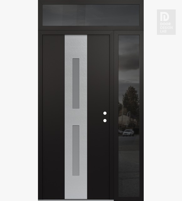 Modern Steel Front Door DIAMOND A6 50" X 96" BLACK/WHITE FROSTED GLASS PANEL STAINLESS STEEL LHI WITH SIDELITE AND TRANSOM MIRRORED GLASS