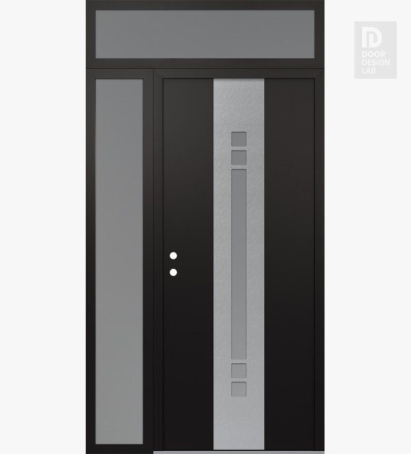Modern Steel Front Door DIAMOND A4 50" X 96" BLACK/WHITE FROSTED GLASS PANEL STAINLESS STEEL RHI WITH SIDELITE AND TRANSOM FROSTED GLASS