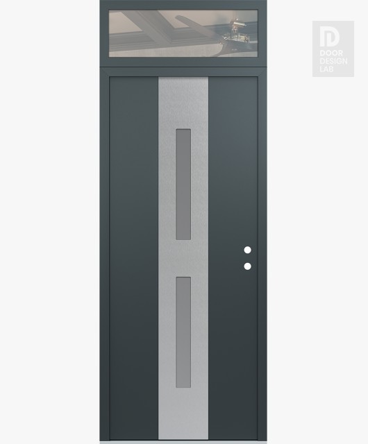 Modern Steel Front Door DIAMOND A6 36" X 96" ANTHRACITE/ANTHRACITE FROSTED GLASS PANEL STAINLESS STEEL LHI WITH TRANSOM CLEAR GLASS