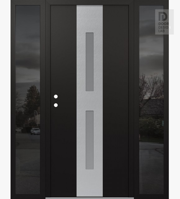 Modern Steel Front Door DIAMOND A6 60" X 80" BLACK/WHITE FROSTED GLASS PANEL STAINLESS STEEL RHI WITH 2 SIDELITES MIRRORED GLASS