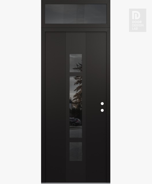 Modern Steel Front Door DIAMOND A9 36" X 96" BLACK/BLACK MIRRORED GLASS PANEL BLACK LHI WITH TRANSOM MIRRORED GLASS