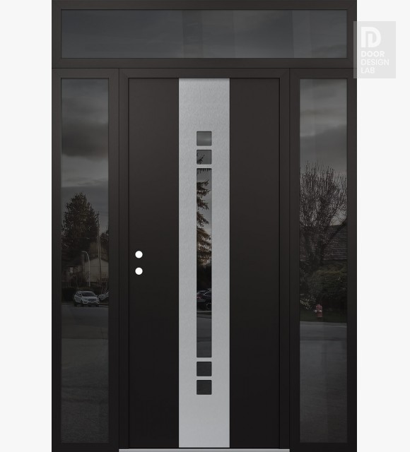 Modern Steel Front Door DIAMOND A4 68" X 96" BLACK/BLACK MIRRORED GLASS PANEL STAINLESS STEEL RHI WITH 2 SIDELITES AND TRANSOM MIRRORED GLASS
