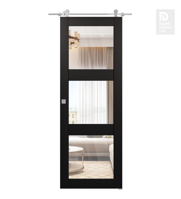 Avon 3 Lite Clear Vetro Black Matte Modern Interior Barn Door by Belldinni