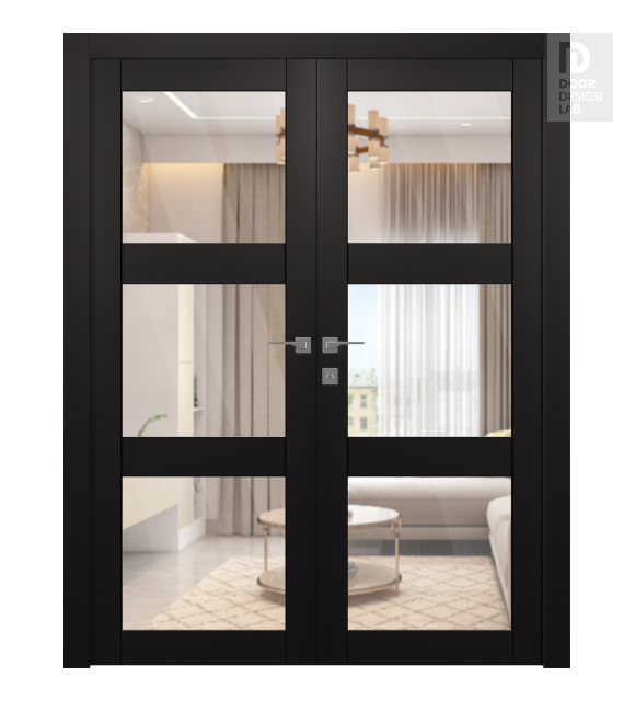 Avon 3 Lite Clear Vetro Black Matte Modern Interior Double Swing Doors by Belldinni