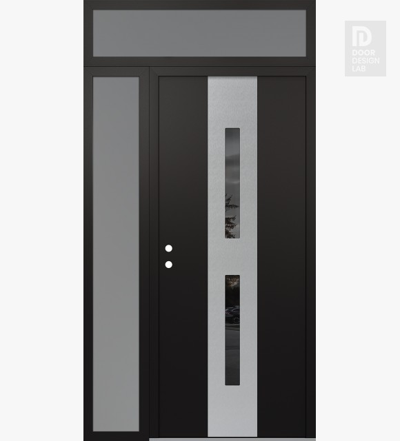 Modern Steel Front Door DIAMOND A6 52" X 96" BLACK/BLACK MIRRORED GLASS PANEL STAINLESS STEEL RHI WITH SIDELITE AND TRANSOM FROSTED GLASS