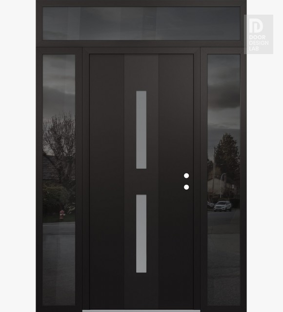 Modern Steel Front Door DIAMOND A6 60" X 96" BLACK/WHITE FROSTED GLASS PANEL BLACK LHI WITH 2 SIDELITES AND TRANSOM MIRRORED GLASS