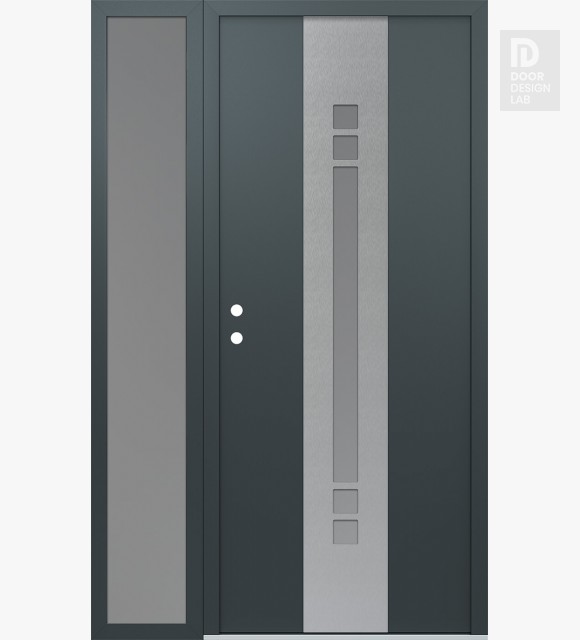 Modern Steel Front Door DIAMOND A4 50" X 80" ANTHRACITE/ANTHRACITE FROSTED GLASS PANEL STAINLESS STEEL RHI WITH SIDELITE FROSTED GLASS