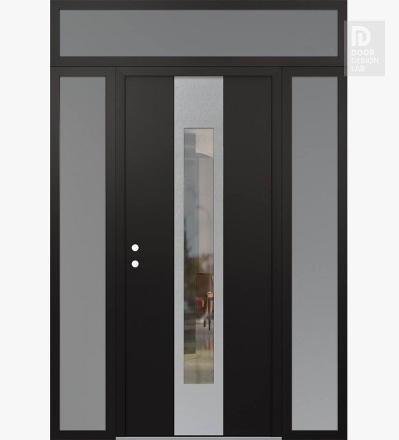 Modern Steel Front Door DIAMOND A1 64" X 96" BLACK/BLACK CLEAR GLASS PANEL STAINLESS STEEL RHI WITH 2 SIDELITES AND TRANSOM FROSTED GLASS