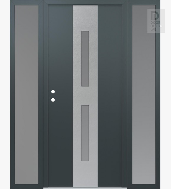 Modern Steel Front Door DIAMOND A6 64" X 80" ANTHRACITE/ANTHRACITE FROSTED GLASS PANEL STAINLESS STEEL RHI WITH 2 SIDELITES FROSTED GLASS