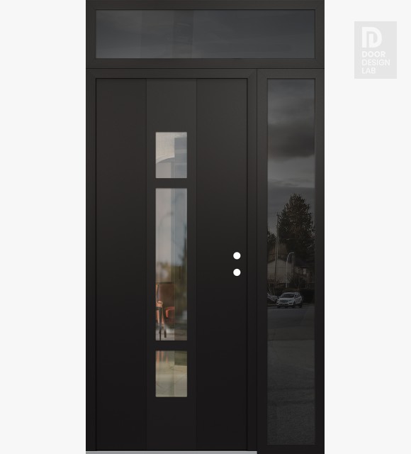 Modern Steel Front Door DIAMOND A9 50" X 96" BLACK/BLACK CLEAR GLASS PANEL BLACK LHI WITH SIDELITE AND TRANSOM MIRRORED GLASS