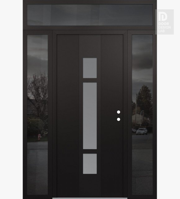 Modern Steel Front Door DIAMOND A9 64" X 96" BLACK/WHITE FROSTED GLASS PANEL BLACK LHI WITH 2 SIDELITES AND TRANSOM MIRRORED GLASS