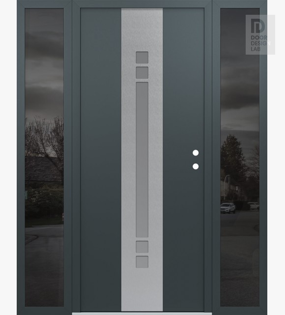 Modern Steel Front Door DIAMOND A4 64" X 80" ANTHRACITE/ANTHRACITE FROSTED GLASS PANEL STAINLESS STEEL LHI WITH 2 SIDELITES MIRRORED GLASS