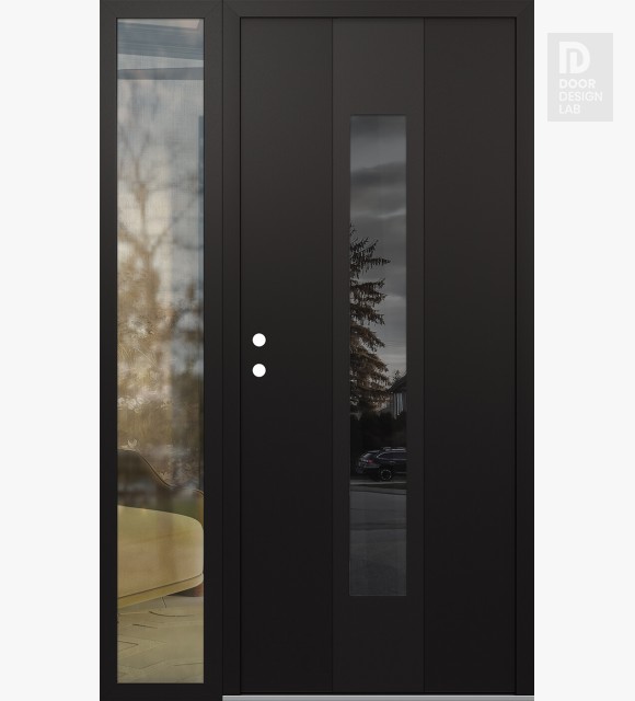 Modern Steel Front Door DIAMOND A1 52" X 80" BLACK/BLACK MIRRORED GLASS PANEL BLACK RHI WITH SIDELITE CLEAR GLASS
