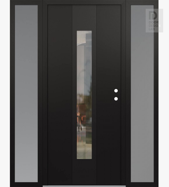 Modern Steel Front Door DIAMOND A1 60" X 80" BLACK/BLACK CLEAR GLASS PANEL BLACK LHI WITH 2 SIDELITES FROSTED GLASS