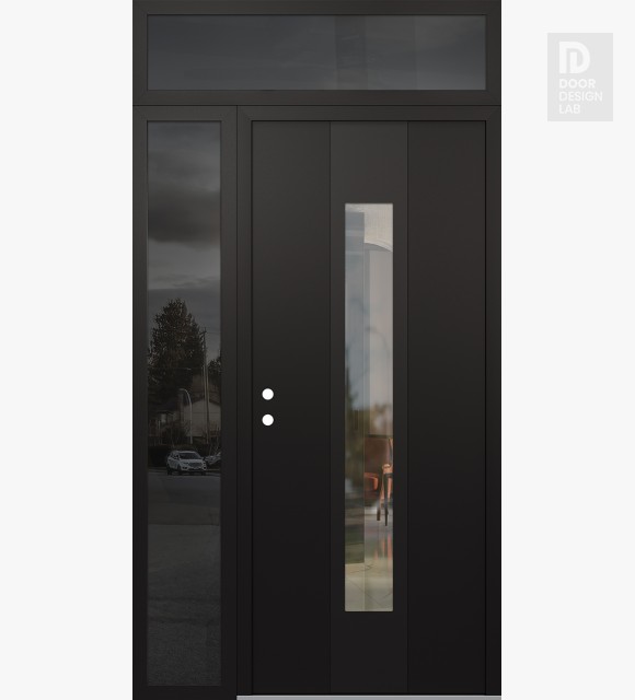 Modern Steel Front Door DIAMOND A1 50" X 96" BLACK/BLACK CLEAR GLASS PANEL BLACK RHI WITH SIDELITE AND TRANSOM MIRRORED GLASS