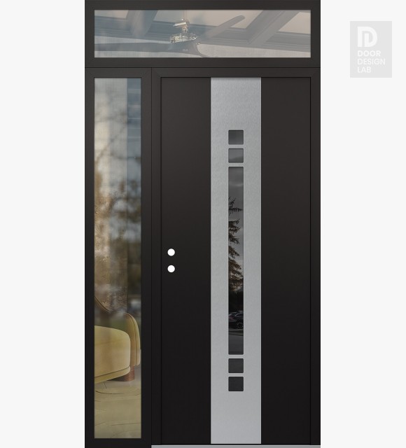 Modern Steel Front Door DIAMOND A4 50" X 96" BLACK/BLACK MIRRORED GLASS PANEL STAINLESS STEEL RHI WITH SIDELITE AND TRANSOM CLEAR GLASS