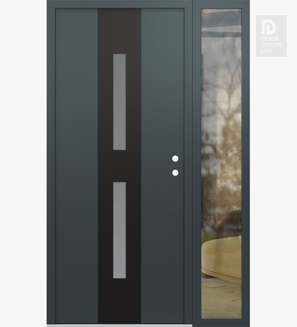 Modern Steel Front Door DIAMOND A6 52" X 80" ANTHRACITE/ANTHRACITE FROSTED GLASS PANEL BLACK LHI WITH SIDELITE CLEAR GLASS