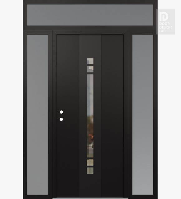 Modern Steel Front Door DIAMOND A4 64" X 96" BLACK/BLACK CLEAR GLASS PANEL BLACK RHI WITH 2 SIDELITES AND TRANSOM FROSTED GLASS