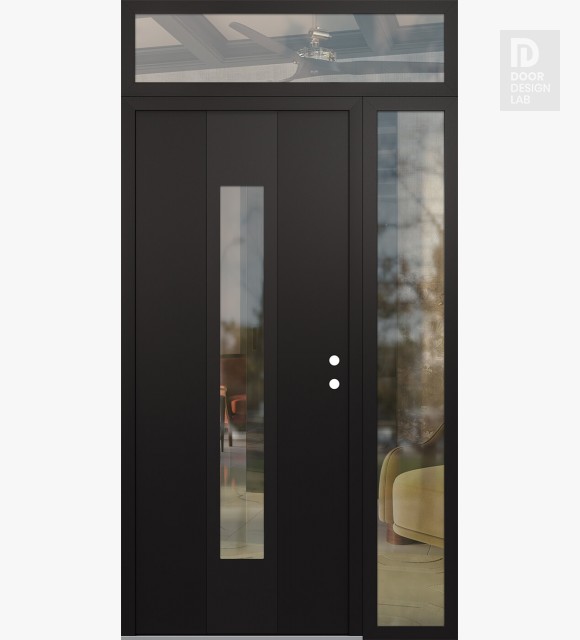 Modern Steel Front Door DIAMOND A1 52" X 96" BLACK/BLACK CLEAR GLASS PANEL BLACK LHI WITH SIDELITE AND TRANSOM CLEAR GLASS