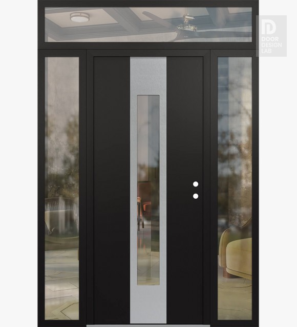 Modern Steel Front Door DIAMOND A1 64" X 96" BLACK/BLACK CLEAR GLASS PANEL STAINLESS STEEL LHI WITH 2 SIDELITES AND TRANSOM CLEAR GLASS