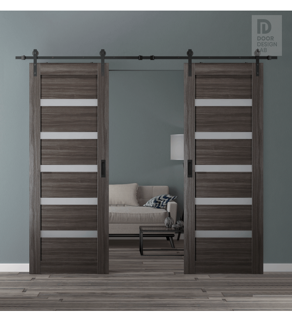 DOUBLE BARN DOOR LEORA VETRO GRAY OAK 72" X 84" X 1 9/16" BLACK HARDWARE