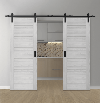 DOUBLE BARN DOOR LOUVER RIBEIRA ASH 64" X 80" X 1 3/4" BLACK HARDWARE
