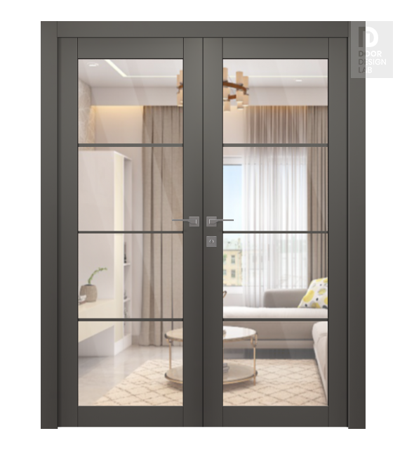 Avon 4 Lite Clear Vetro Gray Matte Modern Interior Double Swing Doors by Belldinni