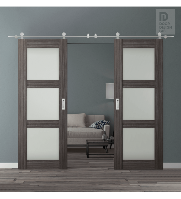 DOUBLE BARN DOOR PALLADIO 3 LITE VETRO GRAY OAK 48" X 84" X 1 9/16" TEMPERED FROSTED GLASS STAINLESS STEEL HARDWARE