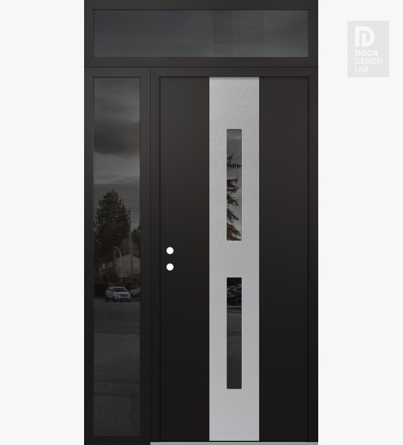 Modern Steel Front Door DIAMOND A6 50" X 96" BLACK/BLACK MIRRORED GLASS PANEL STAINLESS STEEL RHI WITH SIDELITE AND TRANSOM MIRRORED GLASS