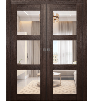 Avon 3 Lite Clear Vetro Veralinga Oak Double pocket doors