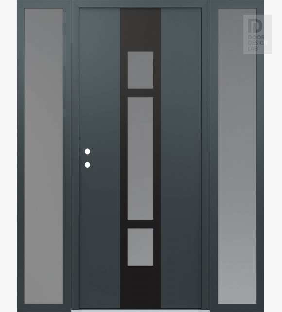 Modern Steel Front Door DIAMOND A9 64" X 80" ANTHRACITE/ANTHRACITE FROSTED GLASS PANEL BLACK RHI WITH 2 SIDELITES FROSTED GLASS