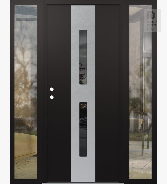 Modern Steel Front Door DIAMOND A6 60" X 80" BLACK/BLACK MIRRORED GLASS PANEL STAINLESS STEEL RHI WITH 2 SIDELITES CLEAR GLASS