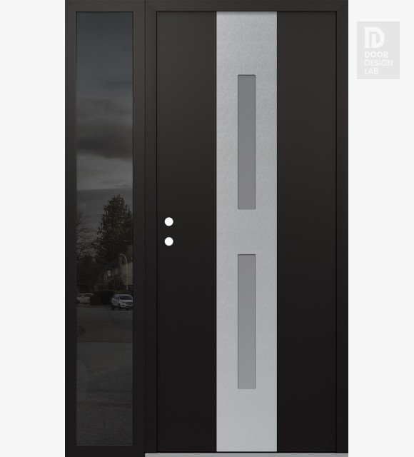 Modern Steel Front Door DIAMOND A6 52" X 80" BLACK/WHITE FROSTED GLASS PANEL STAINLESS STEEL RHI WITH SIDELITE MIRRORED GLASS