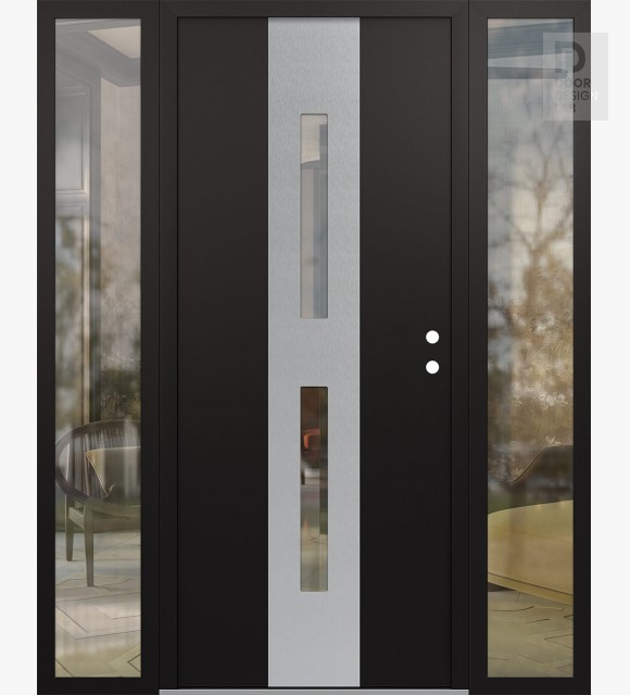Modern Steel Front Door DIAMOND A6 64" X 80" BLACK/BLACK CLEAR GLASS PANEL STAINLESS STEEL LHI WITH 2 SIDELITES CLEAR GLASS