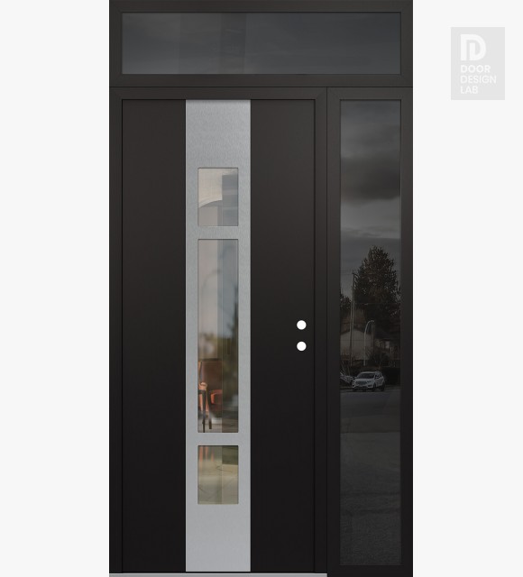 Modern Steel Front Door DIAMOND A9 50" X 96" BLACK/BLACK CLEAR GLASS PANEL STAINLESS STEEL LHI WITH SIDELITE AND TRANSOM MIRRORED GLASS