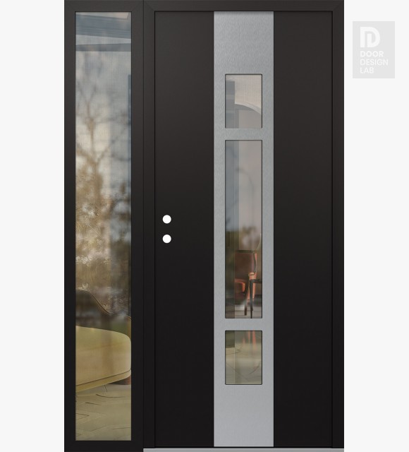 Modern Steel Front Door DIAMOND A9 48" X 80" BLACK/BLACK CLEAR GLASS PANEL STAINLESS STEEL RHI WITH SIDELITE CLEAR GLASS