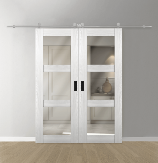 DOUBLE BARN DOOR AVON 3 LITE VETRO RIBEIRA ASH 48" X 80" X 1 3/4" STAINLESS STEEL HARDWARE